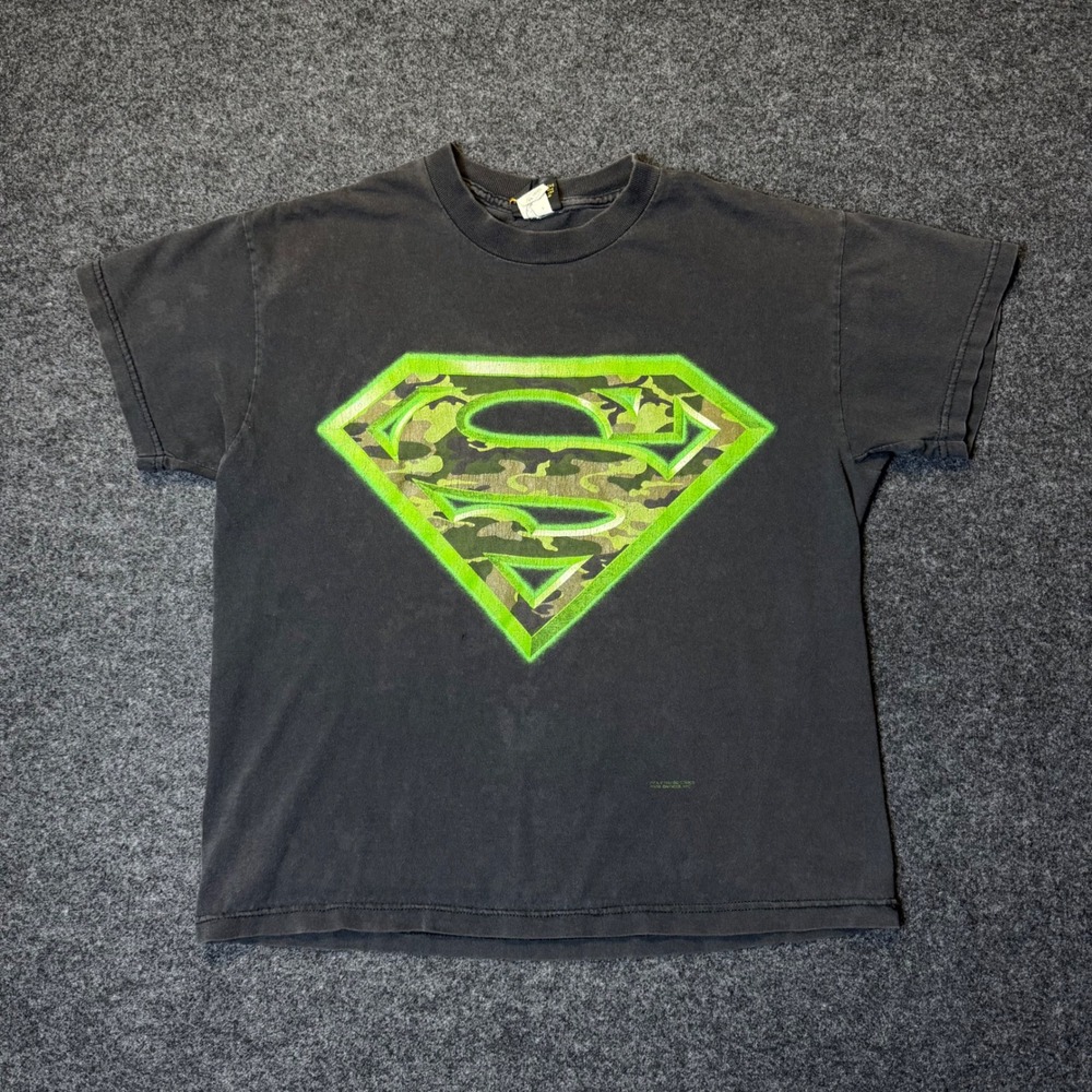 Vintage Warner Bros Superman T-Shirt Youth XL Black Camo Logo 1994 DC Comics